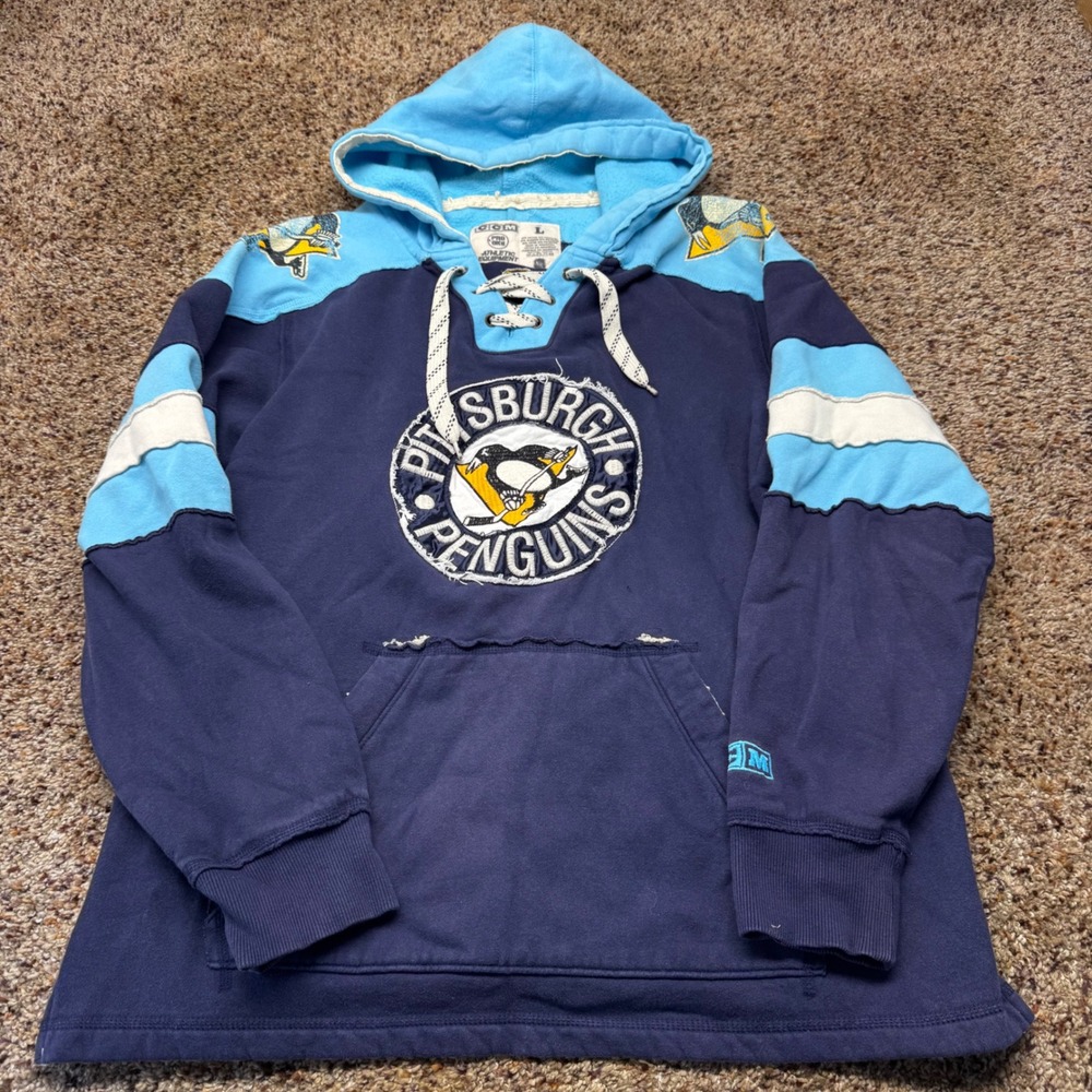 CCM Pittsburgh Penguins NHL Lace Up Hoodie Navy Blue Mens‎ Large Distressed L